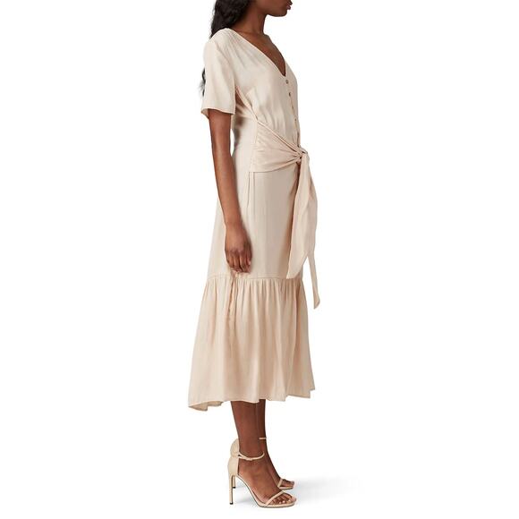 Love Whit Port Dress Tie Waist Short Sleeve Button Front Midi Nude S - Picture 3 of 15